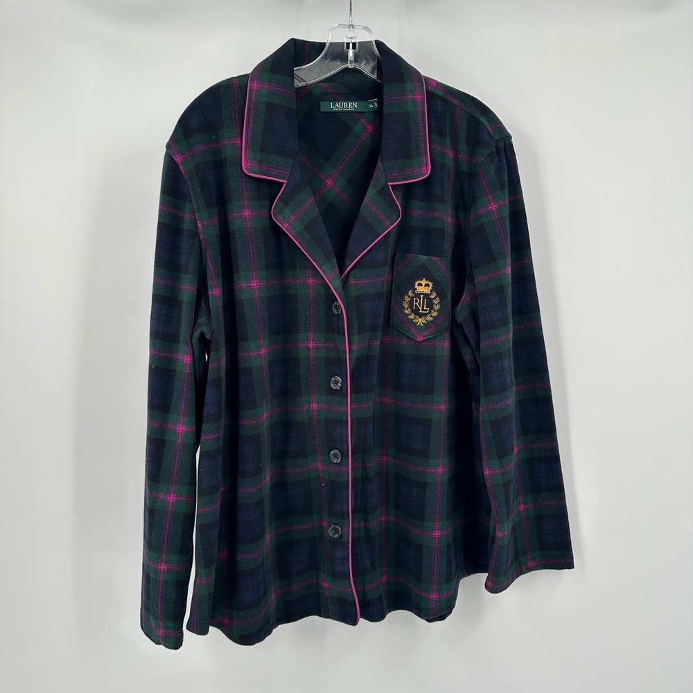 Lauren Ralph Lauren Womens XL Preppy Fleece Plaid Pajama Top Size XL Crest Cozy